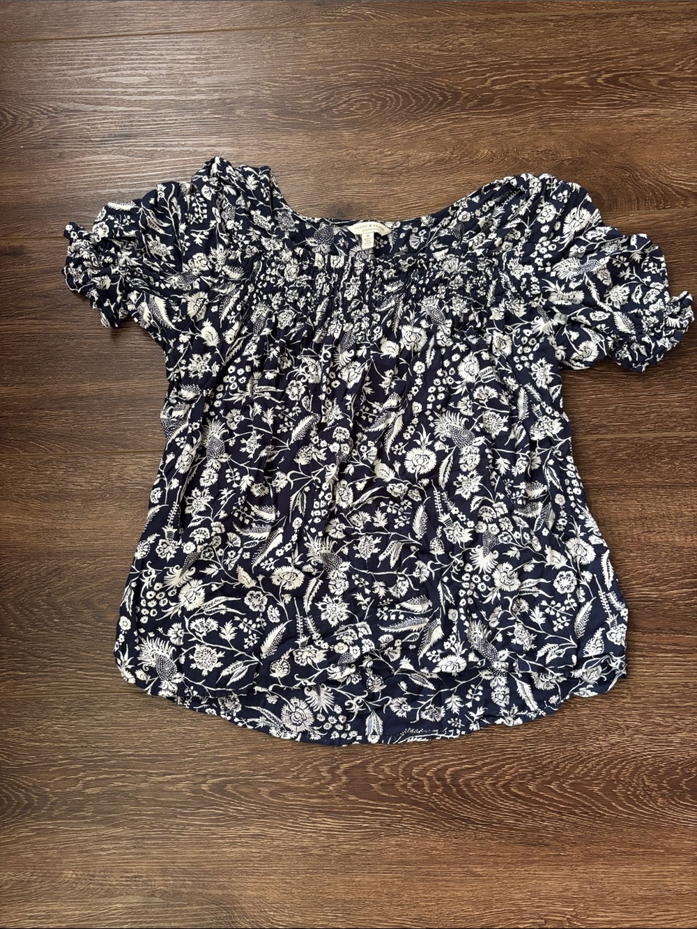 Lucky Brand Navy Floral Smocked Off-Shoulder Blouse